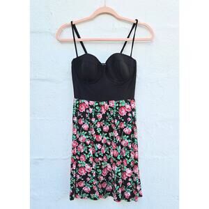 PINK Victorias Secret Dress Size Med Black Bra‎ Top Bustier Floral Mini 90s Red